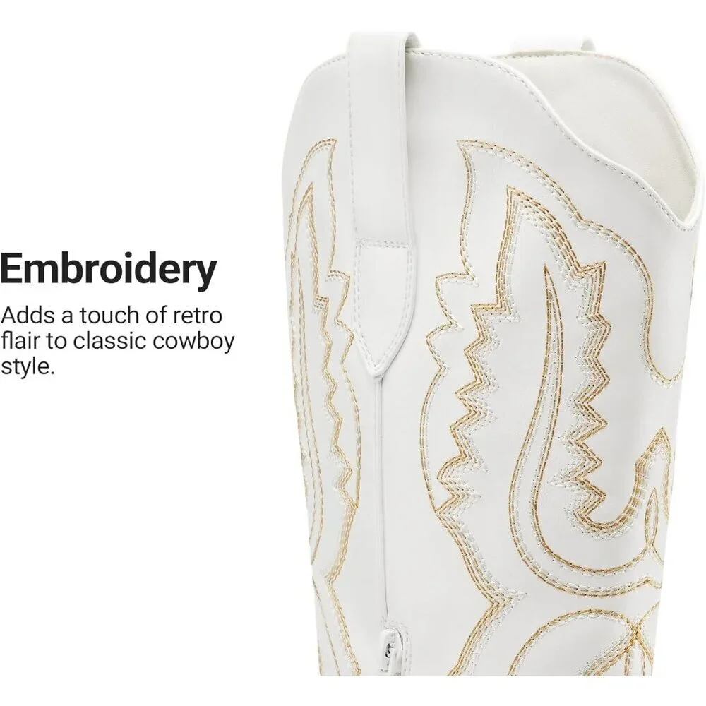 Women's White Square Toe Comfortable Side Zipper Tall Cowboy Knee High Boots